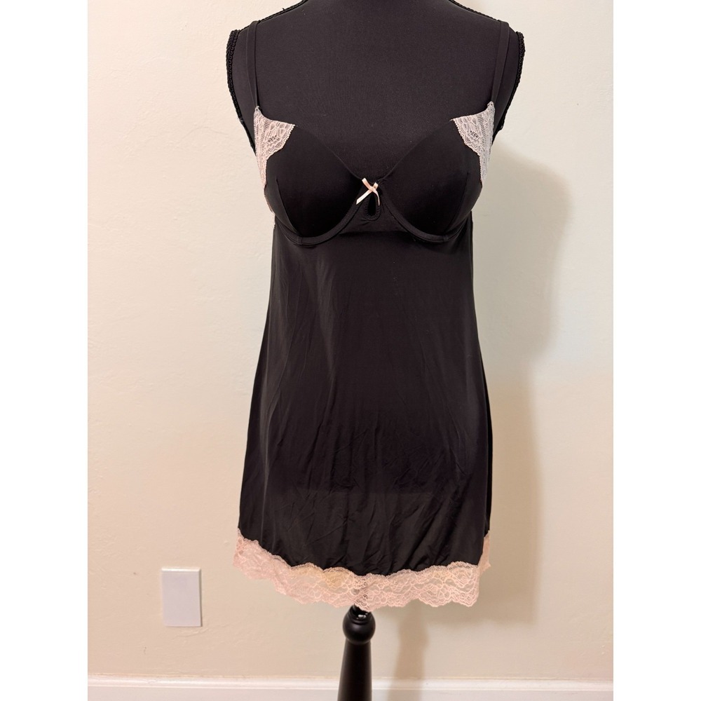 Victoria's Secret Chemise Slip Dress Lingerie 34B Black Pink Lace Trim Padded